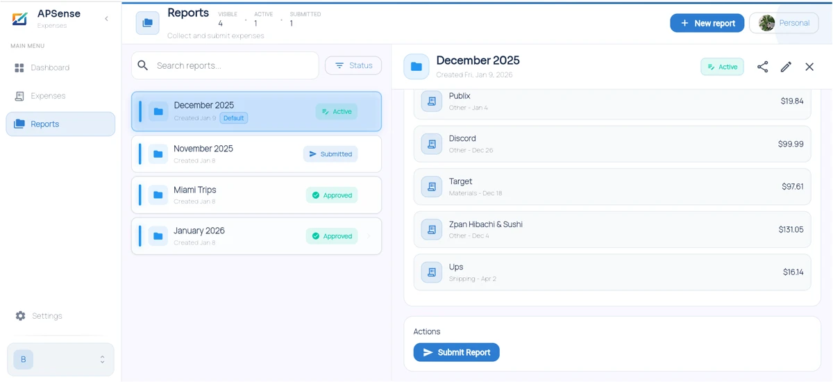 APSense web application dashboard showing reports and expenses